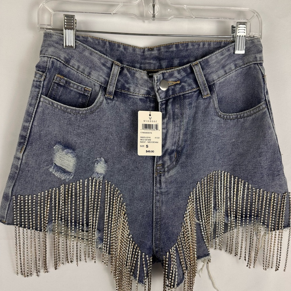 Windsor Blue Denim Shorts with Silver Fringe